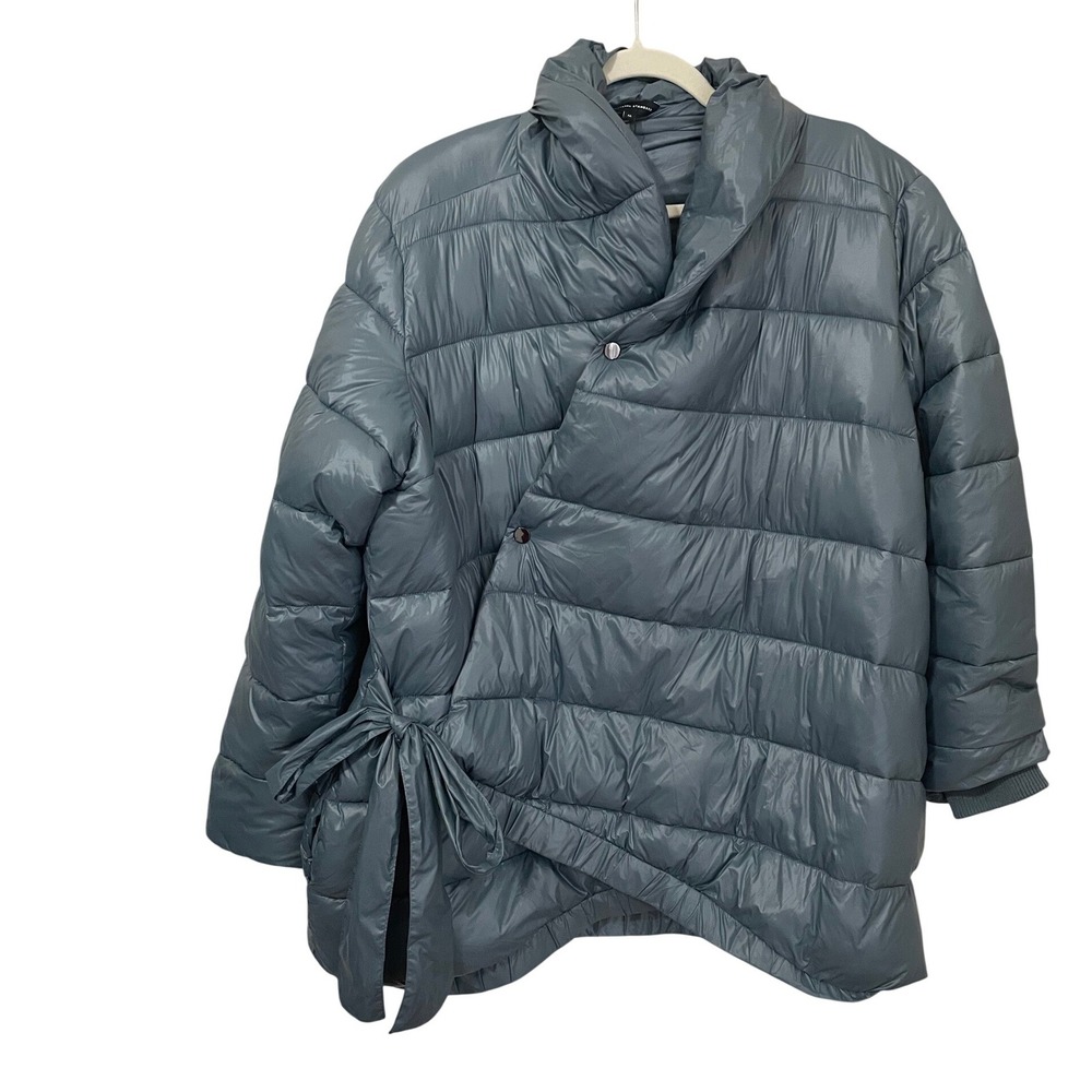 Universal Standard Kanda Puffer Wrap Coat Blue Gray Size 2X 18-20 Side Tie NWOT